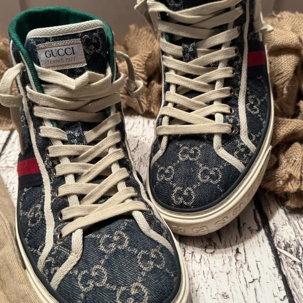 Men's Gucci High Top Denim Sneakers Monogram Blue Cream 8 - Picture 2 of 8